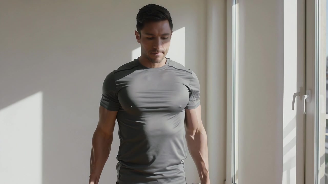 Starting man doing dumbbell curls at home near window, wearing grey tee, black shorts for fitness