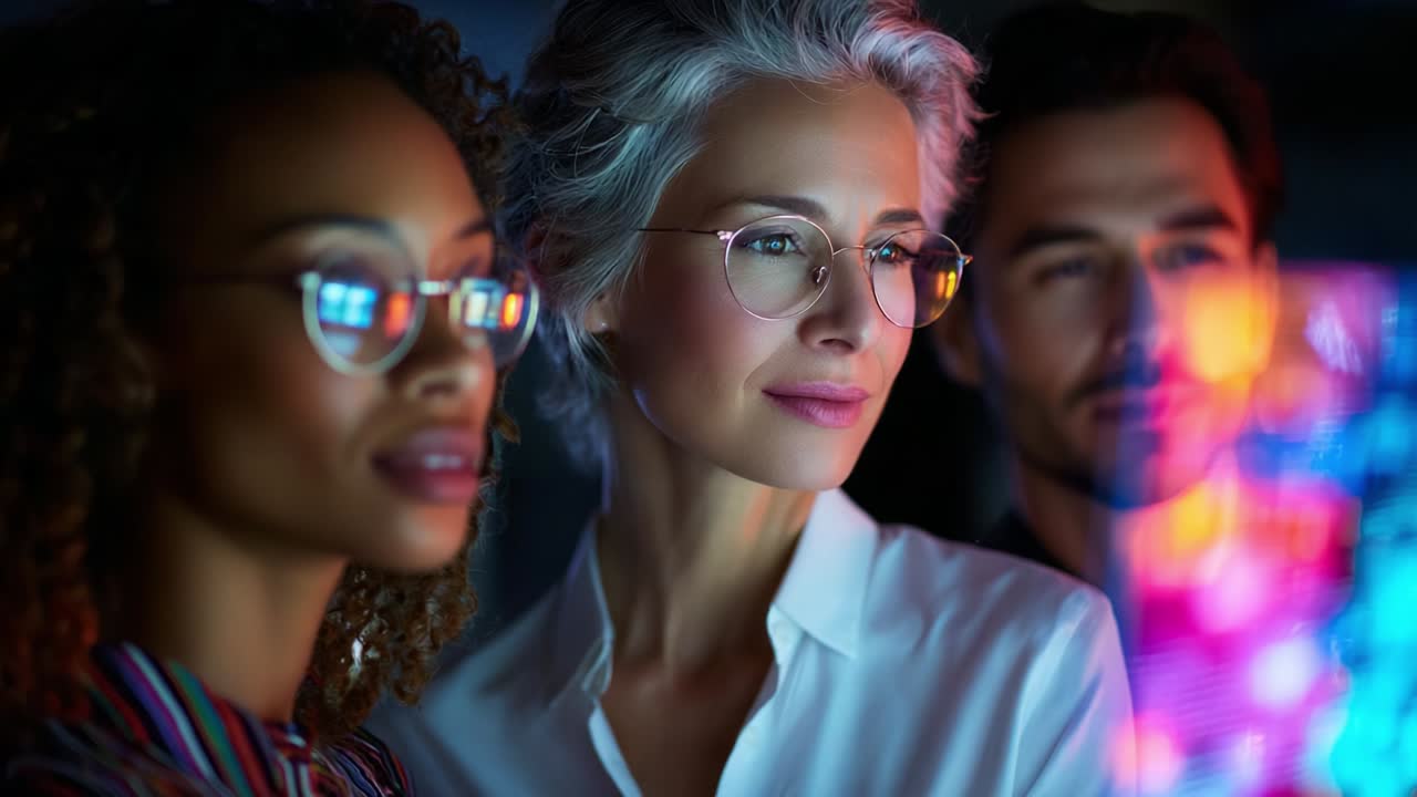 In a Dimly Lit Environment, Three Diverse Individuals with Spectacles Observe a Bright, Colorful Screen, Engaged in a Moment of Reflection and Collaboration in a Modern Workplace Setting