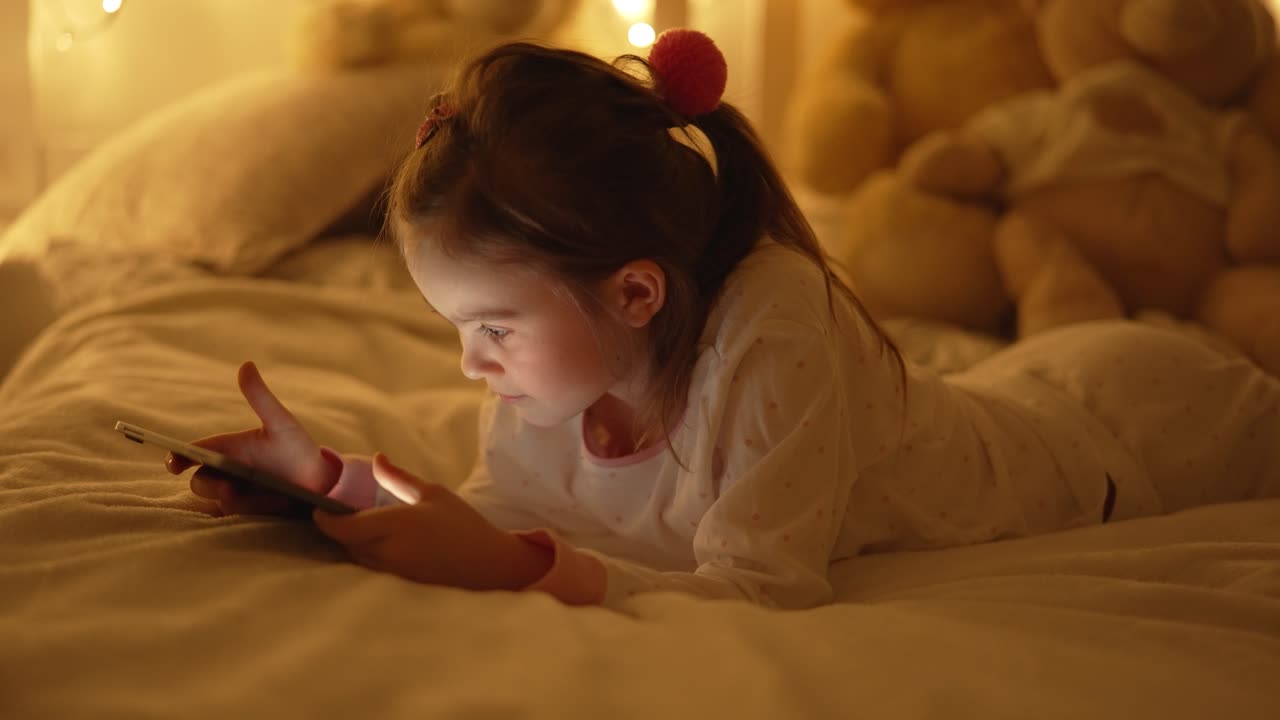 침대에서 태블릿을 읽는 소녀