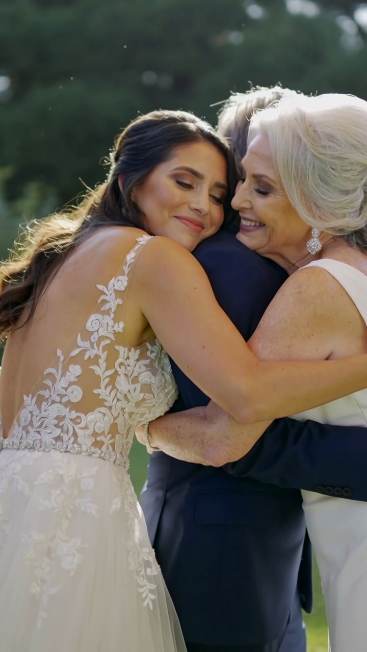 Emotional Bride Hugging Her Parents at Outdoor Wedding