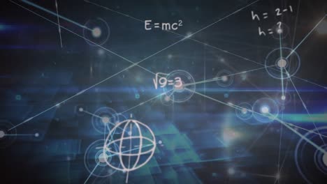 animation of mathematical equations over lens flares and connected dots on abstract background