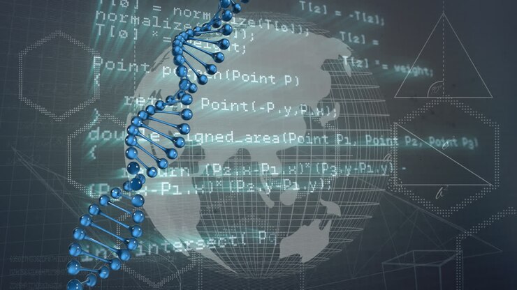 Animation of spinning dna strand over data processing and globe