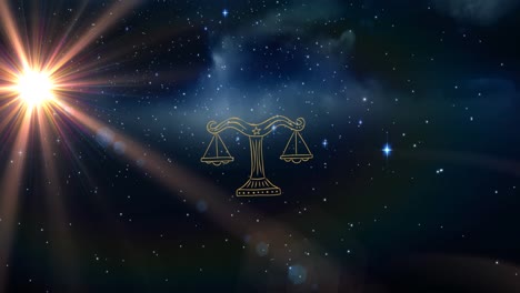 animación del signo de la estrella libra sobre el sol brillando y las estrellas en el cielo azul de la noche