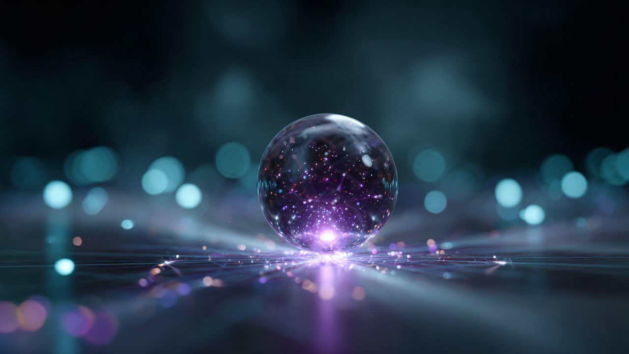 Un'ipnotica sfera di bellezza cosmica irradia luce colorata, circondata da uno sfondo luccicante di particelle surreali e profondità atmosferica in un regno digitale