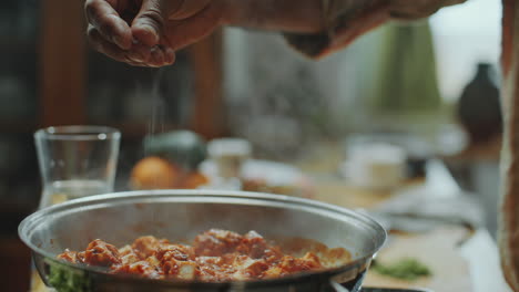 mano del chef salpicando sal sobre el plato indio picante que se cocina en la sartén