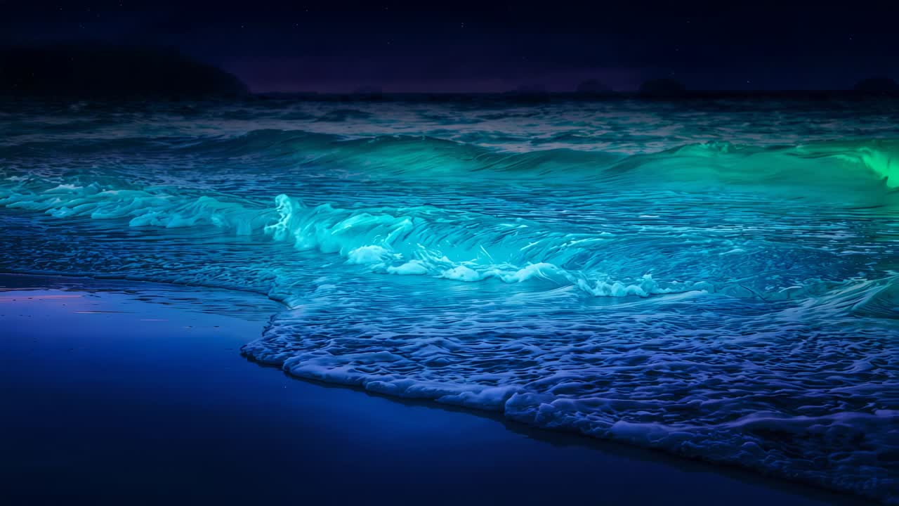 Glowing turquoise wave advancing from incoming swell, cresting and breaking onto dark wet sand