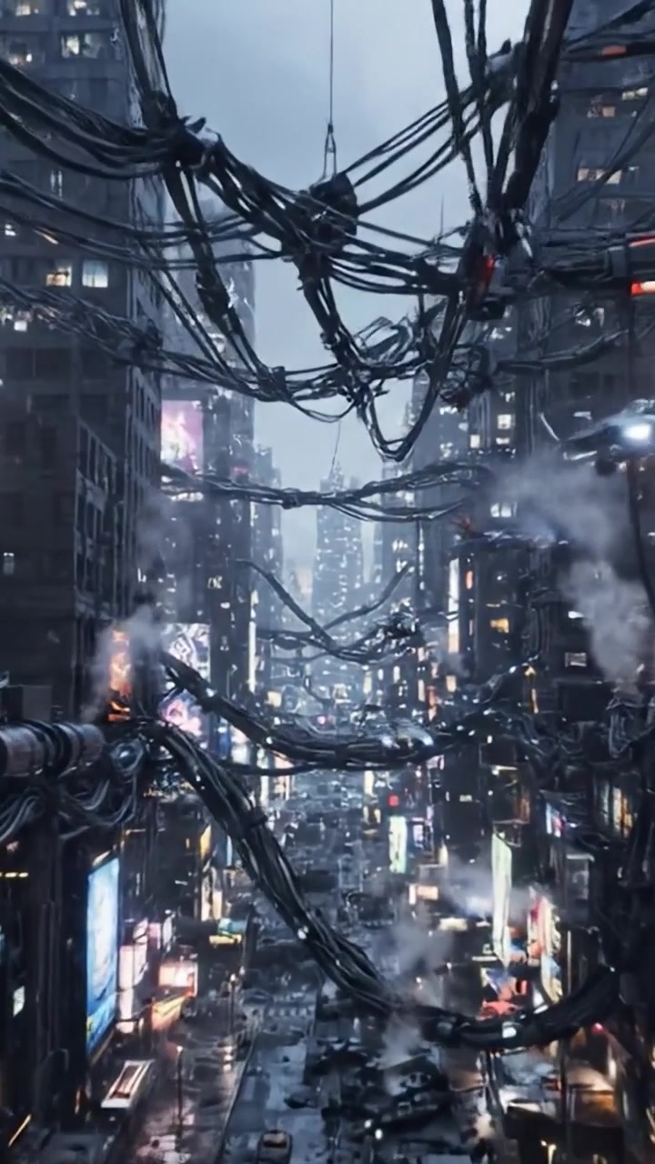 Uno sguardo su un paesaggio urbano futuristico: vivaci luci al neon, fili intricati e tecnologia elegante definiscono un ambiente urbano in un mondo distopico.
