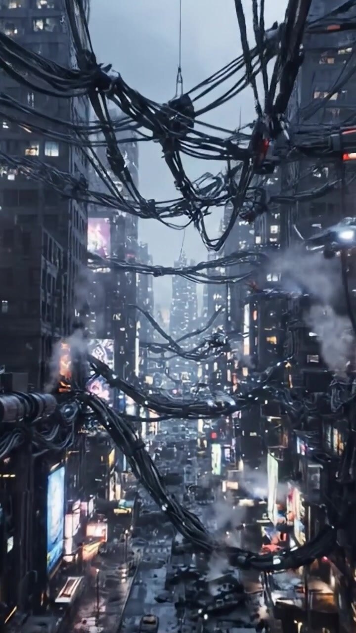Uno sguardo su un paesaggio urbano futuristico: vivaci luci al neon, fili intricati e tecnologia elegante definiscono un ambiente urbano in un mondo distopico.