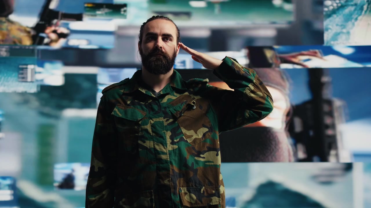 Veterano rende il saluto militare dopo aver esaminato i dati del campo di battaglia