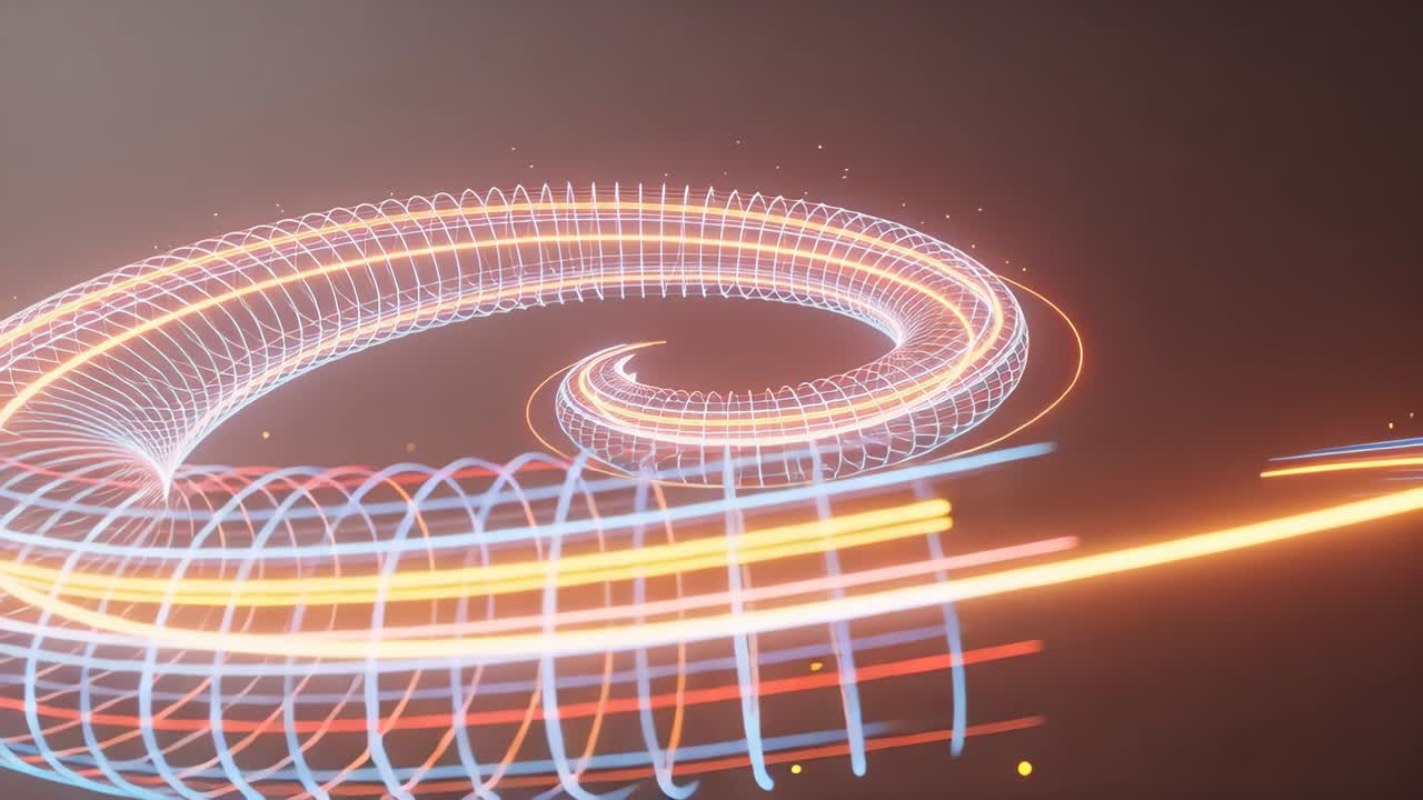 Rotating glowing helical torus moving right emitting trails and sparks in studio, play starting