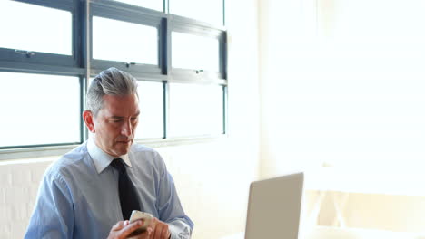 Businessman-using-laptop-and-answering-a-phone-call