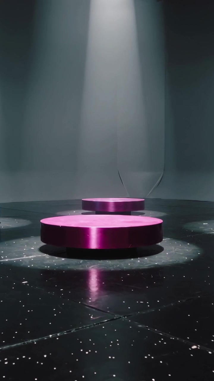 Video verticale: Telecamera che panoramica mostrando un piedistallo magenta centrato sul pavimento del palco, per allineare i piedistalli
