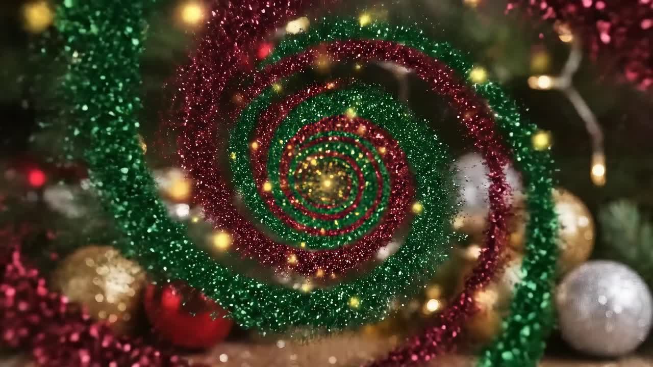 Festive spiral glitter video with a close-up angle, featuring red and green sparkles