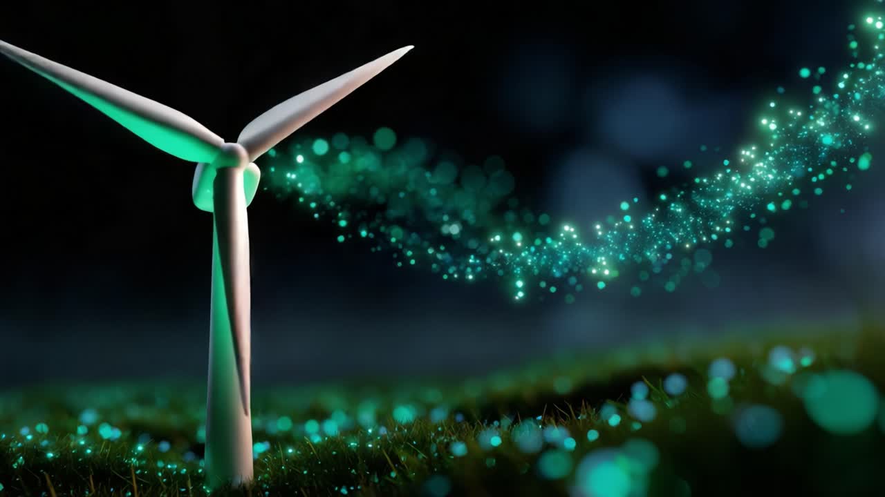 Majestic Wind Turbine Illuminated by an Enchanting Stream of Glowing Particles on Lush Green Grass, Capturing the Essence of Renewable Energy and Nature's Beauty in a Captivating Visual Display