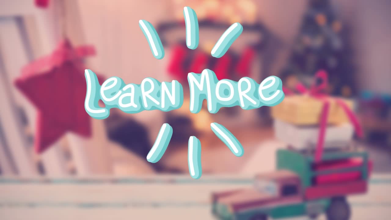 Animation of learn more social media text over christmas decorations