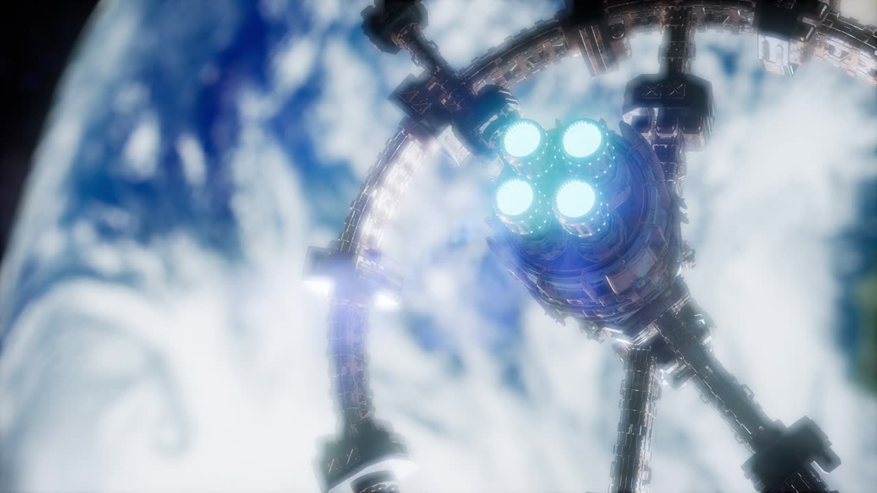 지구와 우주선의 모습. iss는 지구를 공전하고 있습니다.