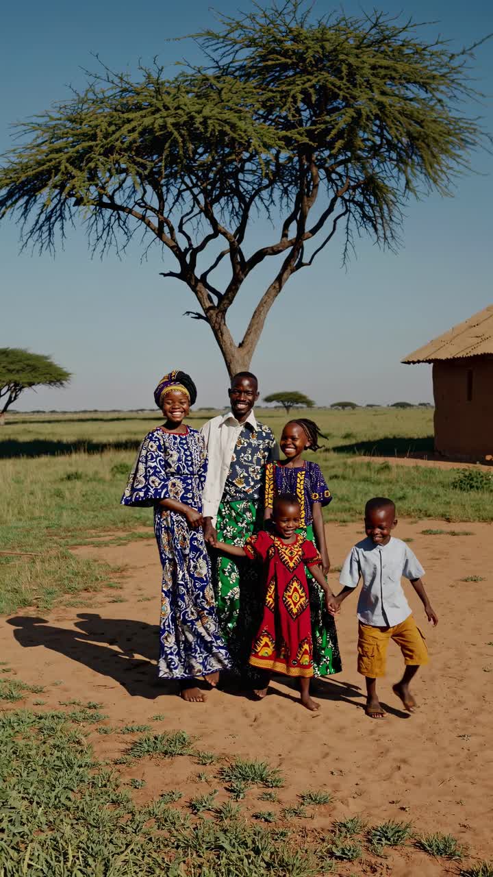 A joyful family stands outdoors on a sunny day, captured from a low-angle shot