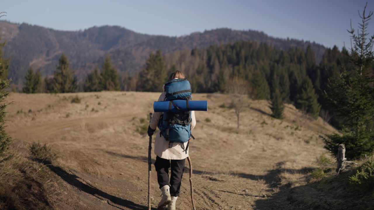 A hiker with a backpack trekking in the mountains