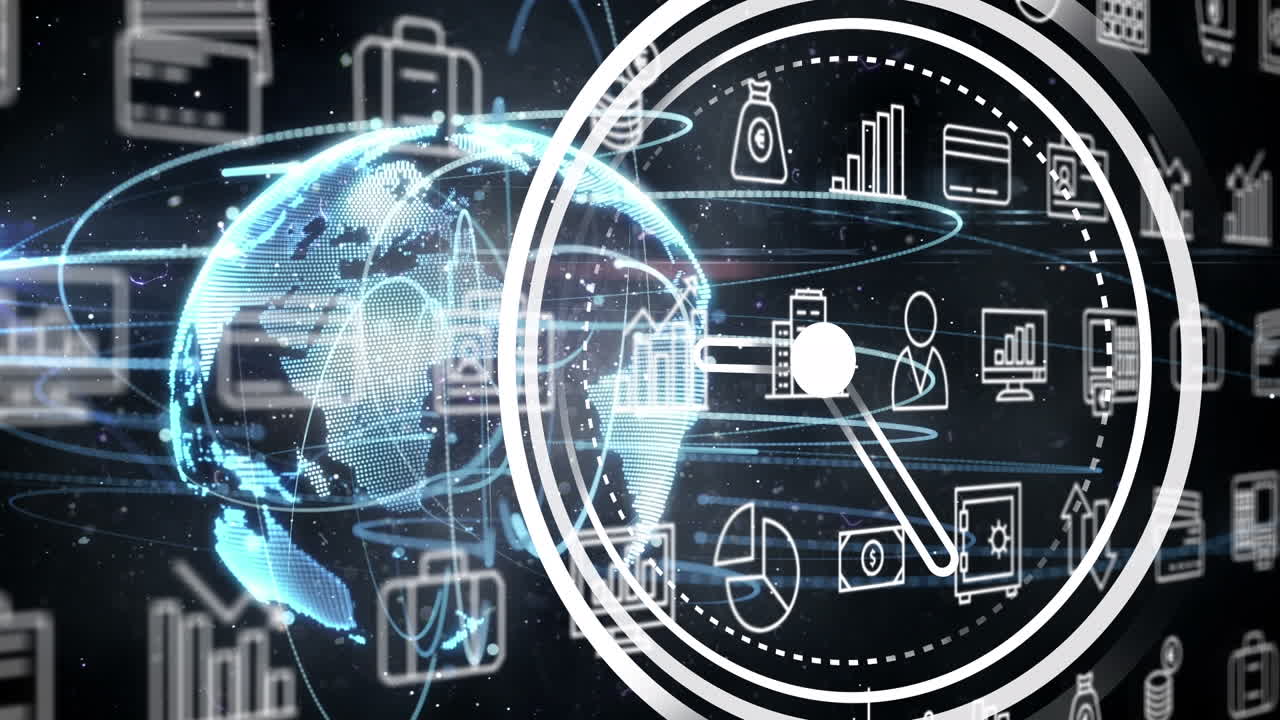 검은색 배경에 금융 아이콘 위에 회전하는 시계와 지구의 애니메이션