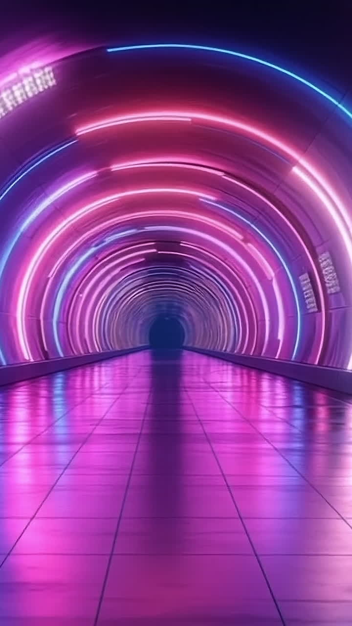 Neon tunnel glowing at night. A vibrant tunnel shines with colorful neon lights, creating a mesmerizing atmosphere at night.