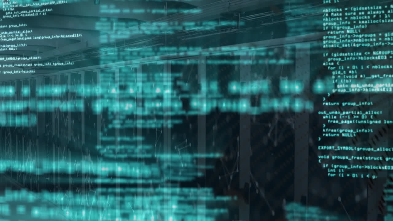 Animation of computer language over connected dots forming shapes against server room