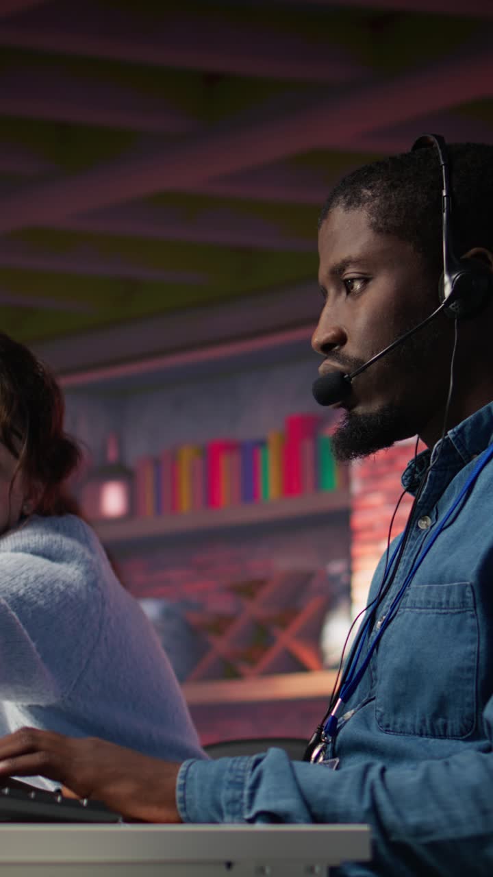 Vertical video Call center manager supervising agent providing guidance to customers