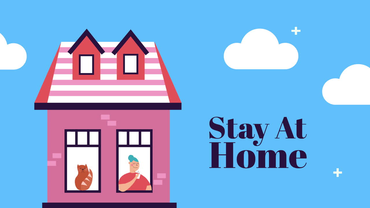 아파트 창문에 고양이를 가진 여자 집에 머물 캠페인