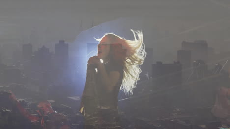 singer performing at concert with microphone, showing animated sound bars dancing with light beams