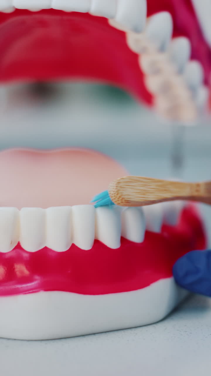 Mano che spazzola i denti su un modello dentale con uno spazzolino da denti in bambù