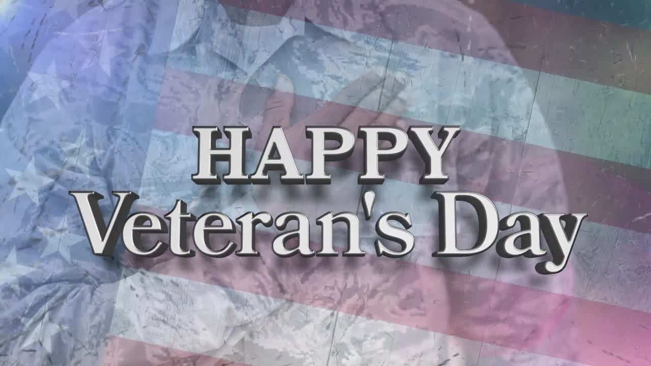 Animation of happy veteran's day text over african american male soldier and american flag
