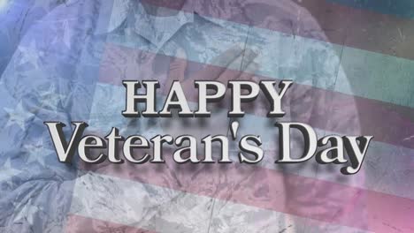 Animation-of-happy-veteran's-day-text-over-african-american-male-soldier-and-american-flag