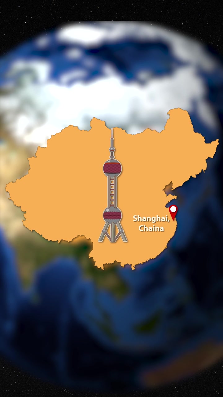Un'animazione zooma dalla Terra per evidenziare Shanghai, Cina, con un'icona di un luogo simbolo, caratterizzata da transizioni fluide e colori vivaci