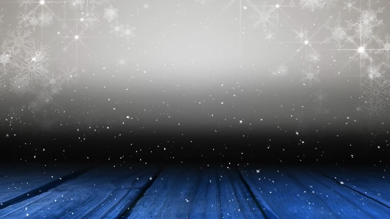 Animasjon av fallende snø over lysflekker med tekstplass og treplanker