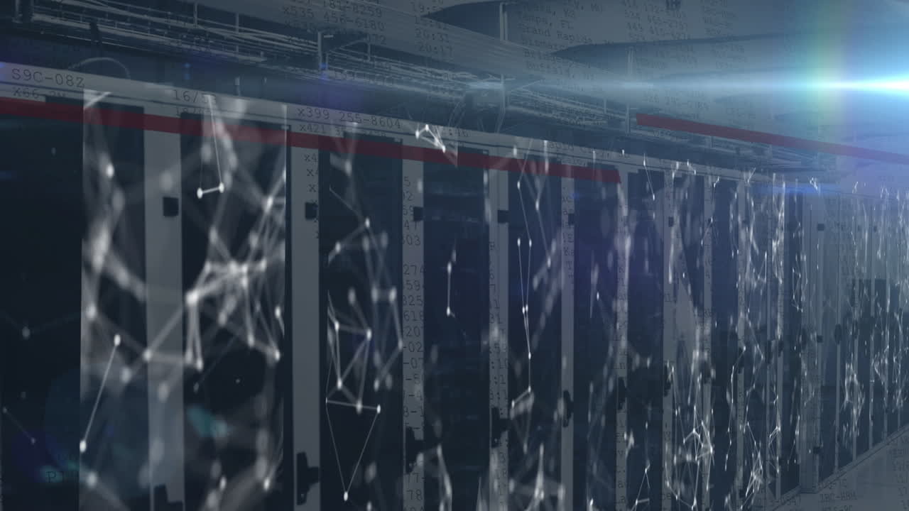 animación de puntos de luz y pantallas con red de conexiones contra la sala de servidores de computadoras