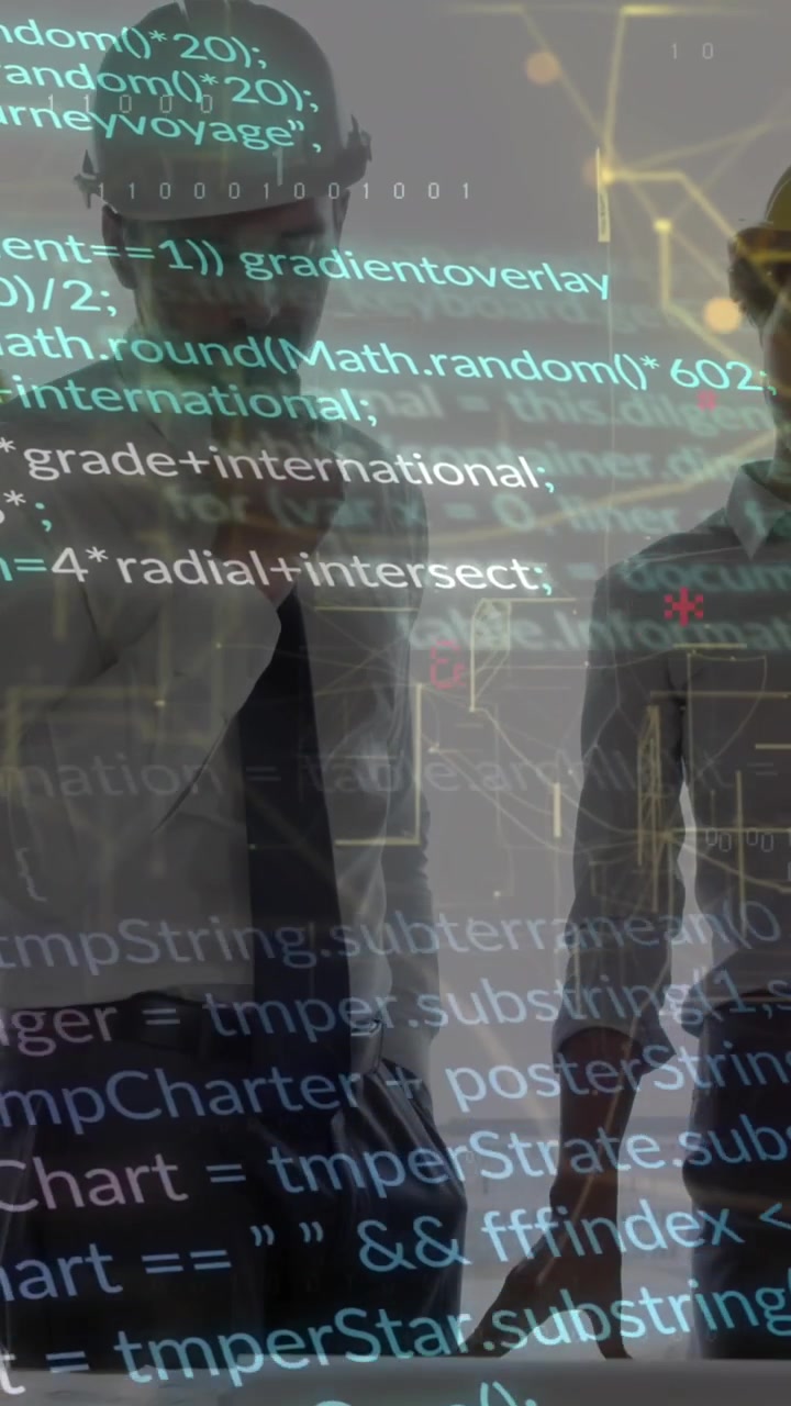 Animation of computer language and navigation pattern over diverse engineers discussing blueprint