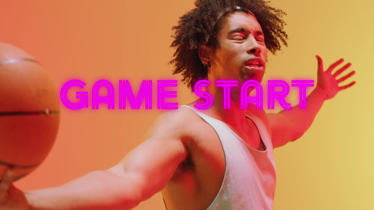 Animation of game start text over basketball player on neon background