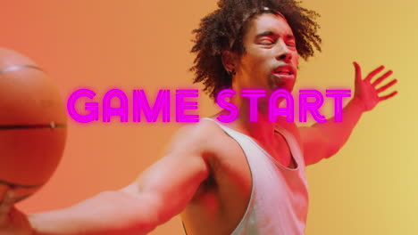 animación del texto de inicio del juego sobre el jugador de baloncesto en fondo de neón