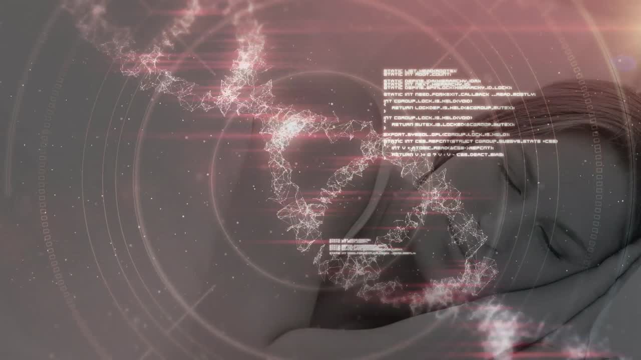 데이터 처리의 애니메이션 - dna 스트랜드를 통해 잠자는 백인 여성