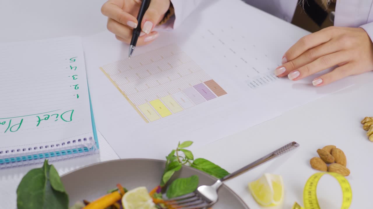 여성 영양학자는 건강한 음식 식단을 계획하고 있습니다.