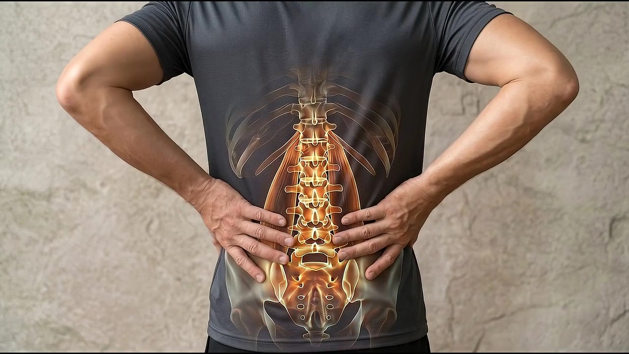 Close-up de dor lombar com visualização brilhante da anatomia da coluna vertebral