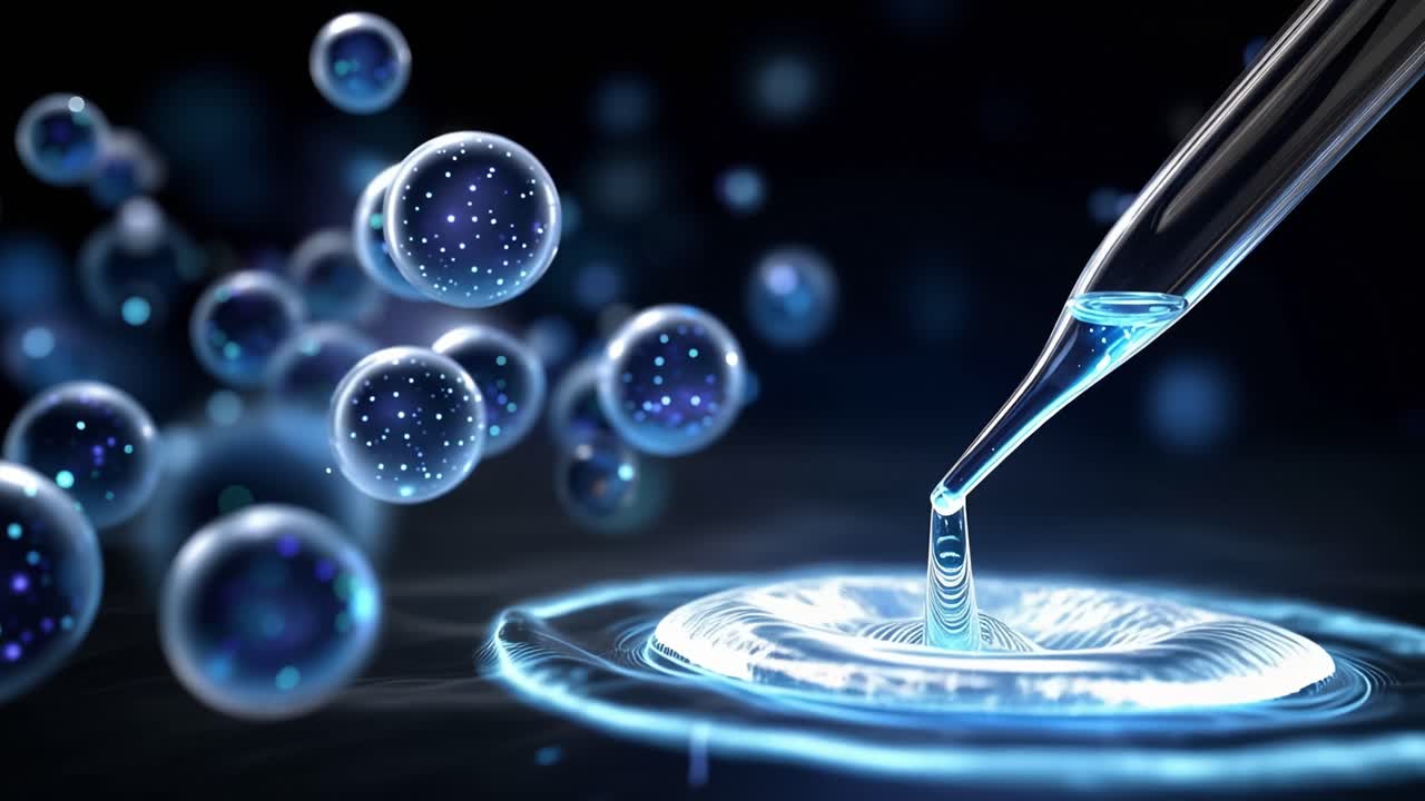 A Close-Up of a Pipette Dropping Liquid into an Illuminated Surface with Floating Bubbles in the Background, Showcasing Science and Technology Themes of Fluid Dynamics