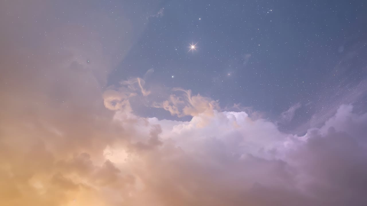 Drifting cloud bank revealing stars as twilight deepens in open sky, bright planet and peach glow