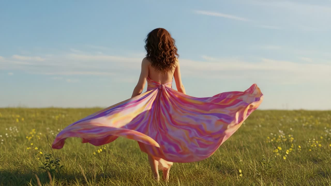 A graceful figure in a vibrant, flowing dress dances through a sunlit field, exuding freedom and joy against a backdrop of serene nature and clear skies
