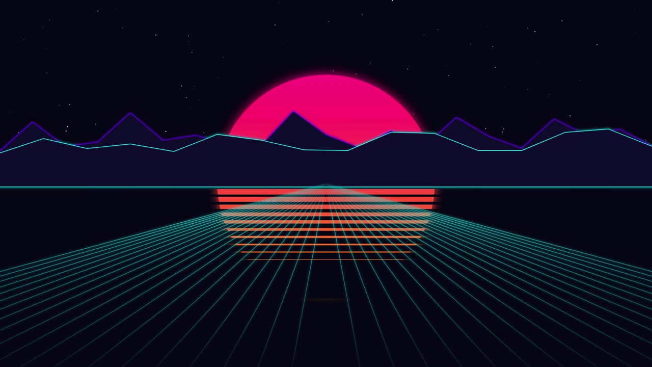 Retro Synthwave Style Landscape with Glowing Sun and Grid
