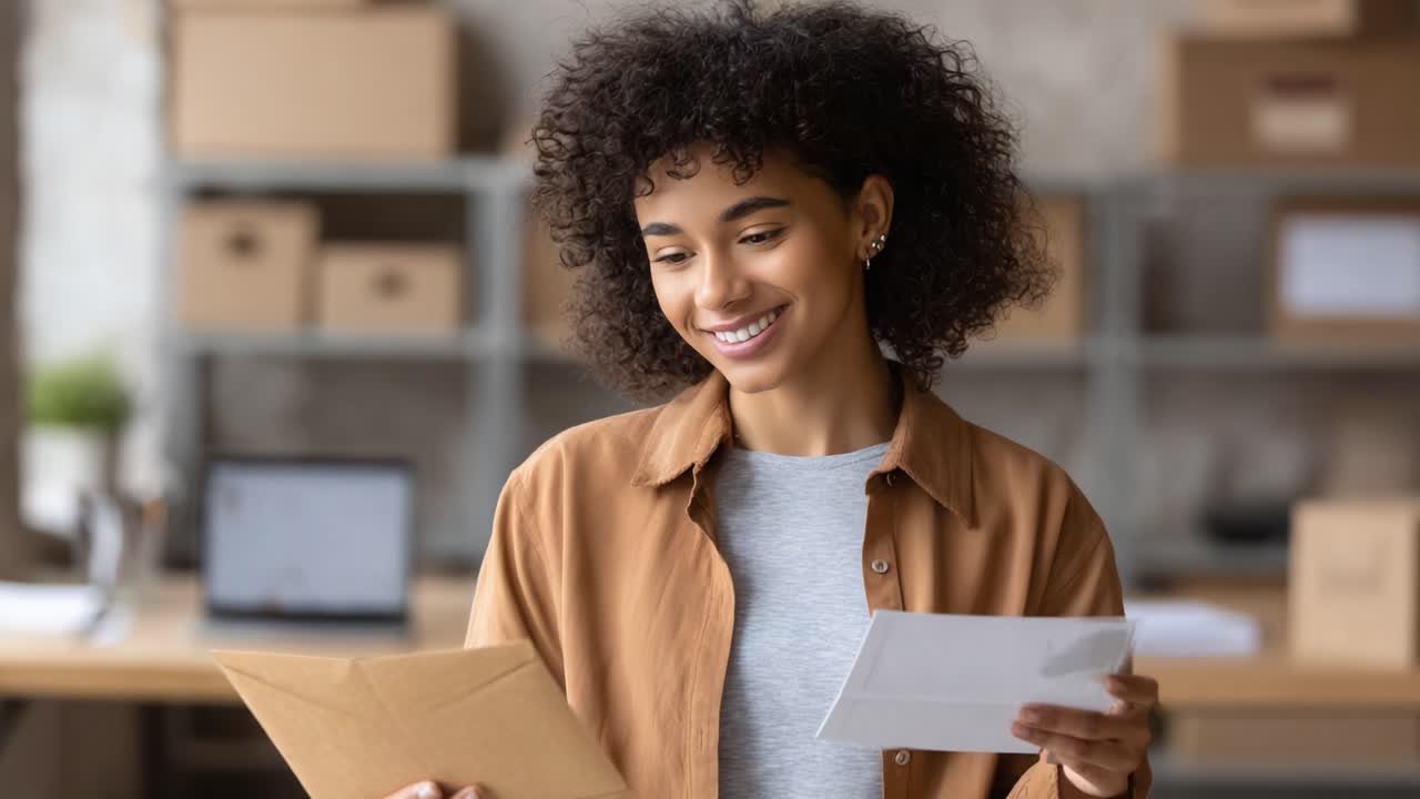 A Young Woman in a Cozy Workspace Smiles While Reviewing Letters and Notes, Capturing the Joy of Receiving Personal Correspondence