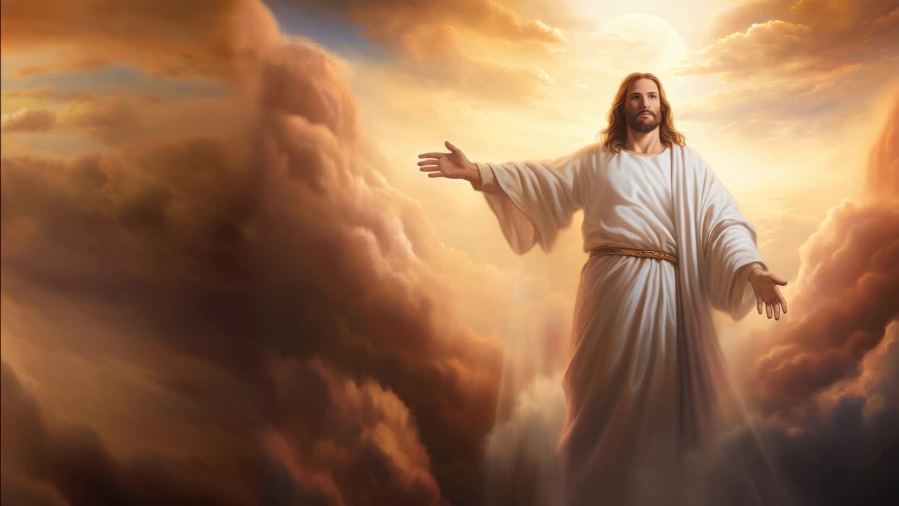 A divine figure in white robes stands amidst clouds, arms open