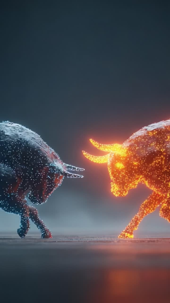 Encuentro dinámico de toros de luz dual en un exquisito arte digital, que muestra tensión eléctrica y contraste visual en un enfrentamiento abstracto de energías