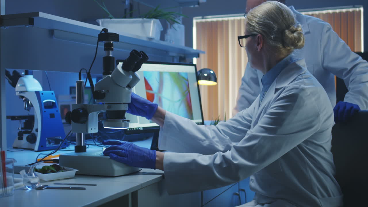 Scientists in a Laboratory Analyzing Samples Under Microscope