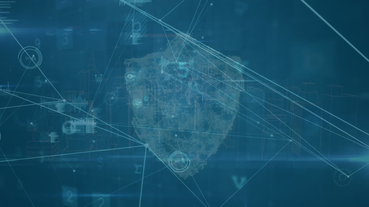 animación de la red de conexiones con icono de escudo y advertencia de ciberataque.