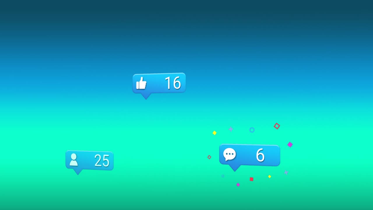 파란색 배경 위에 떨어지는 소셜 미디어 아이콘의 애니메이션